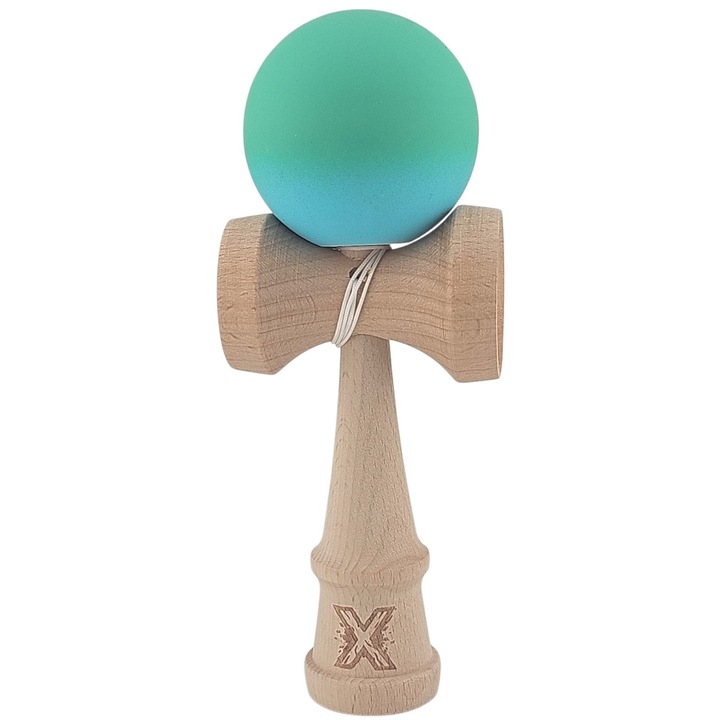 Professzionális interaktív kendama játék, Flippy, fa, 18 x 7 x 6 cm, ügyességi játék gyerekeknek és felnőtteknek, türkiz fehér színátmenet