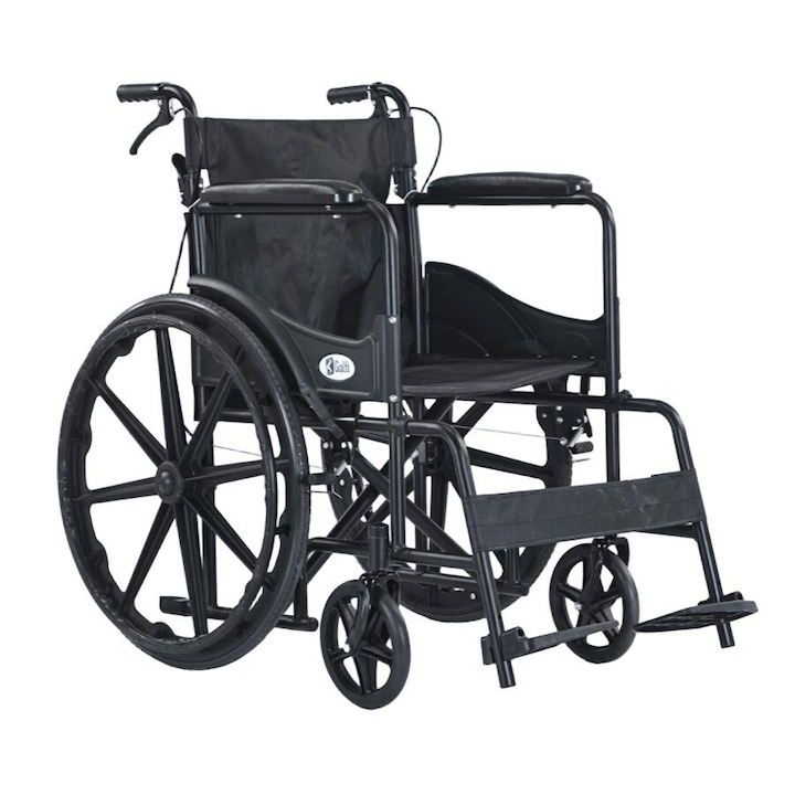 Scaun cu rotile din otel, pliabil, material textil, antrenare manuala, frane manere, sezut 46 cm, negru