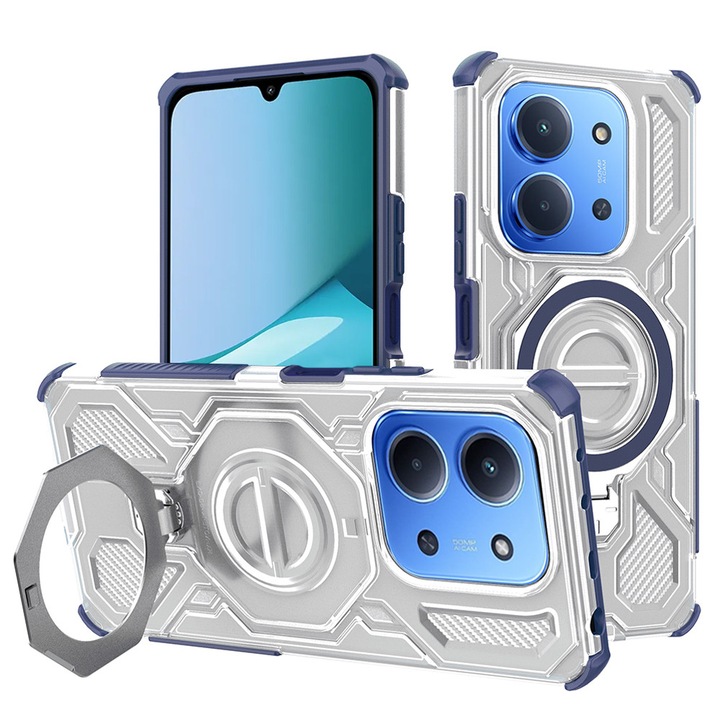 Husa antisoc pentru Xiaomi Redmi 15C 4G / Redmi 15C 5G / Poco C85 4G cu inel suport magnetic, Accesorio Carbon Shield PRO, Blue Transparent