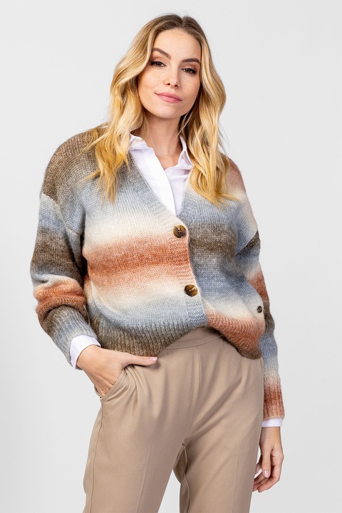 HEAVY TOOLS, Cardigan cu model tie-dye si decolteu in V, Gri melange/Portocaliu deschis