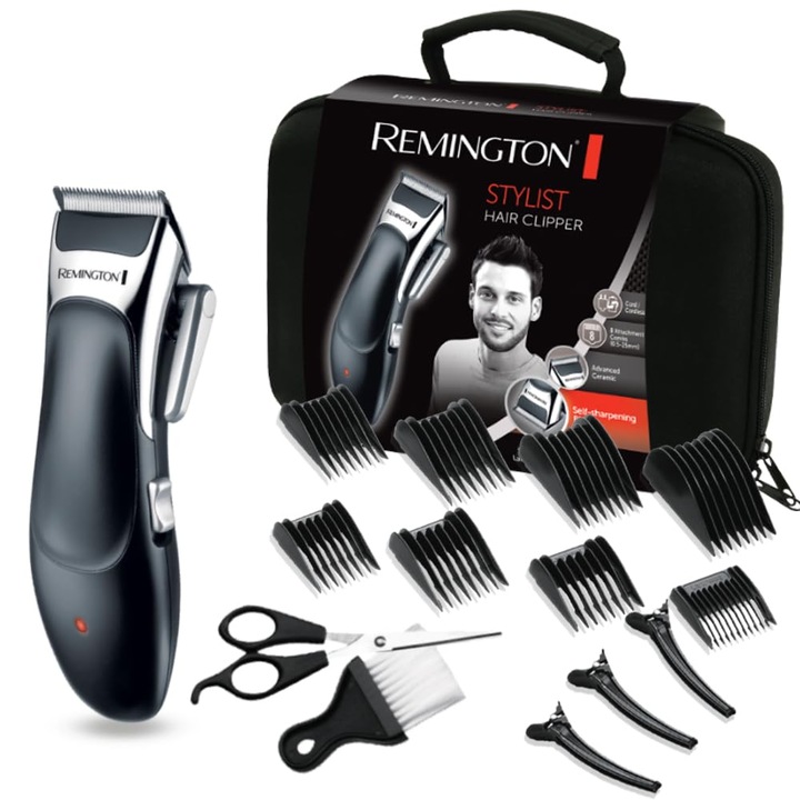 Aparat de tuns Remington profesional [auto-ascutire.Lame ceramice cu maneta de reglare/0, 5-25 mm] set de tuns par (8 piepteni de atasare, functionare la retea/baterie, litiu, carcasa profesionala cu accesorii pentru coafor) HC363C