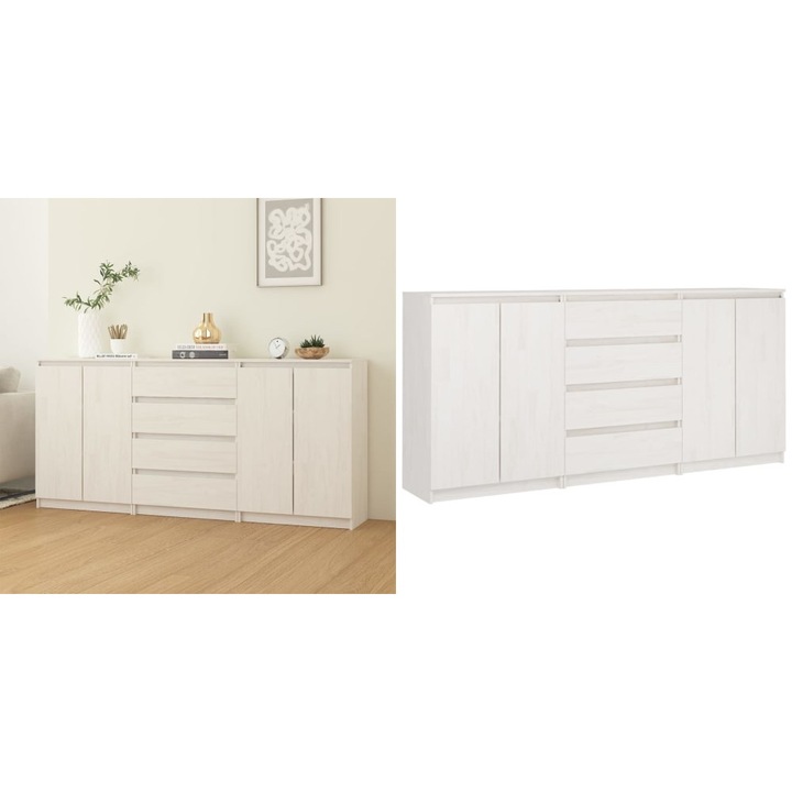 Dulapuri laterale, 3 buc., alb, lemn masiv de pin