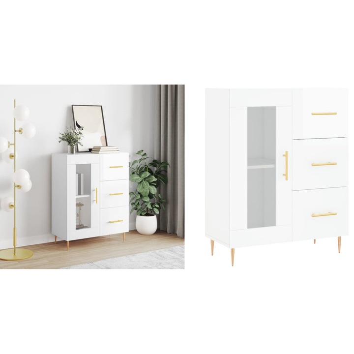 Servanta, alb extralucios, 69, 5x34x90 cm, lemn compozit