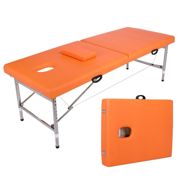 Masa de Masaj, Pat pentru Masaj si Cosmetica, Pliabil, Picioare Reglabile, Piele Ecologica, 8 kg, 180 x 60 x 65 cm, Portabil, SPA, 160 kg max., Portocaliu, Dr Denis™