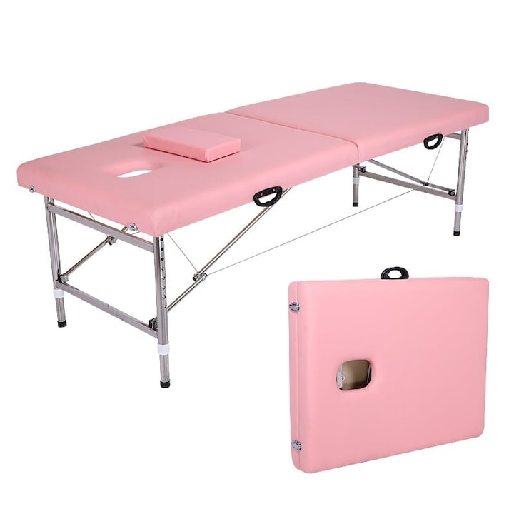 Masszázsasztal, Masszázs és Kozmetikai Ágy, Összecsukható, Állítható Lábak, Műbőr, 8 kg, 180 x 60 x 65 cm, Hordozható, SPA, max. 160 kg, Rózsaszín, Dr Denis