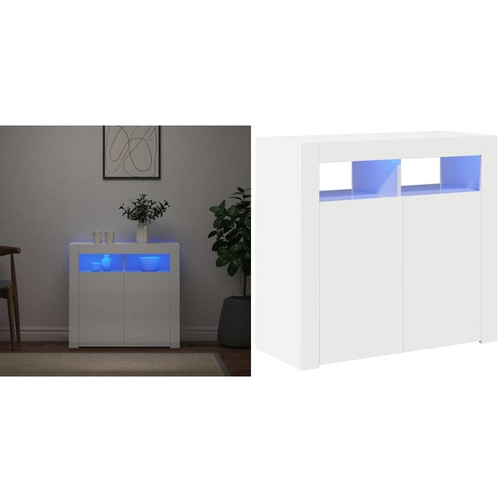 Servanta cu lumini LED, alb extralucios, 80x35x75 cm