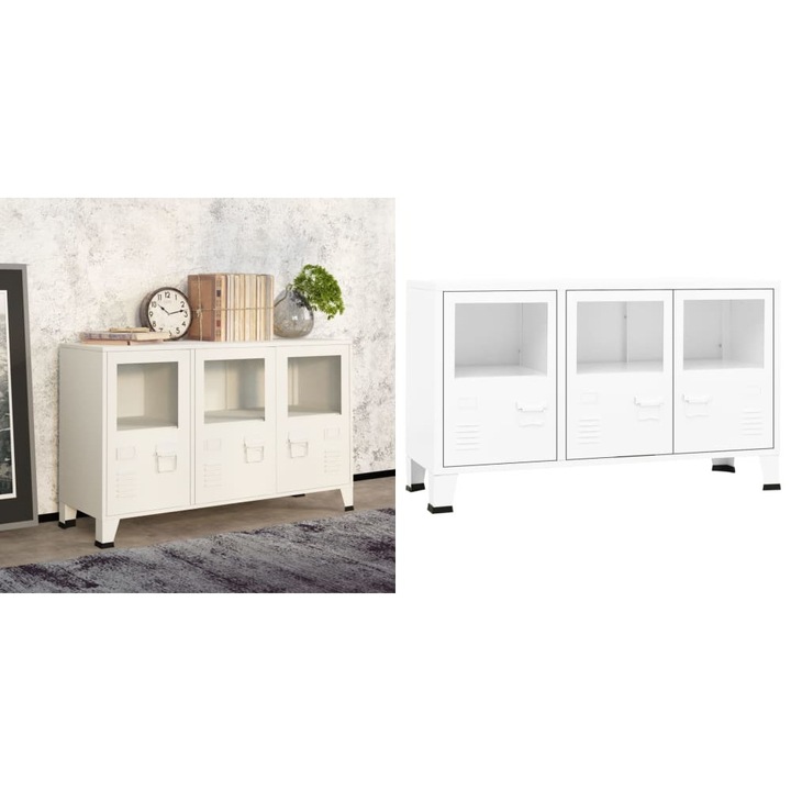 Servanta industriala, alb, 105x35x62 cm, metal si sticla
