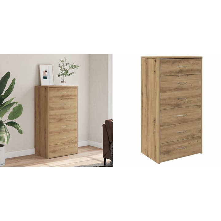 Servanta cu 6 sertare, Stejar artizanal, 50 x 34 x 96 cm, PAL