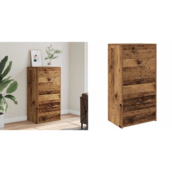 Servanta cu 6 sertare, Lemn vechi, 50 x 34 x 96 cm, PAL