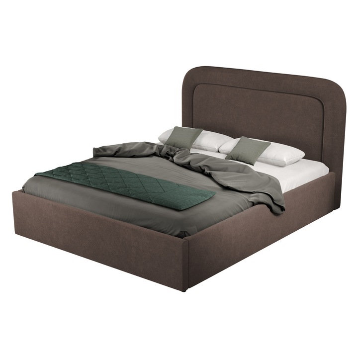 Pat dublu tapitat Madrid, cadru lemn si pal, 140x200 cm, stofa maro, cu somiera rabatabila si lada depozitare