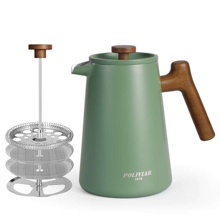 Ceainic POLIVIAR 7379 1L din inox, termic cu perete dublu și mânere din lemn, design modern, sistem de filtrare 4 etape