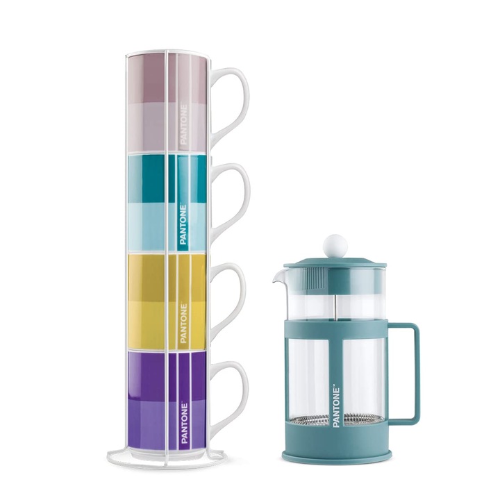 Set 4 Cani Egan Impil cu Suport Metalic Pantone Linear + French Press Albastru 1000 ml