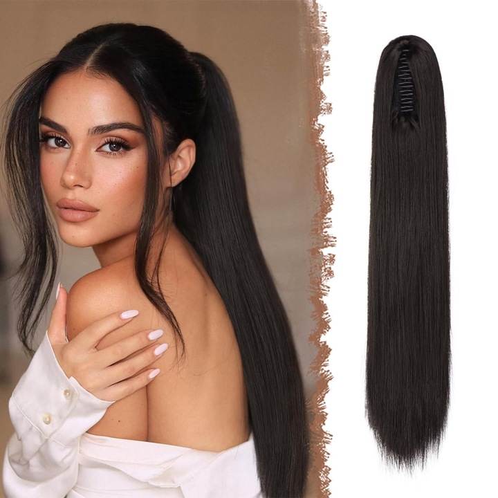 Extensie coada par FESHFEN, prindere clema, snur, lungime 63 cm, Par sintetic, Saten Inchis