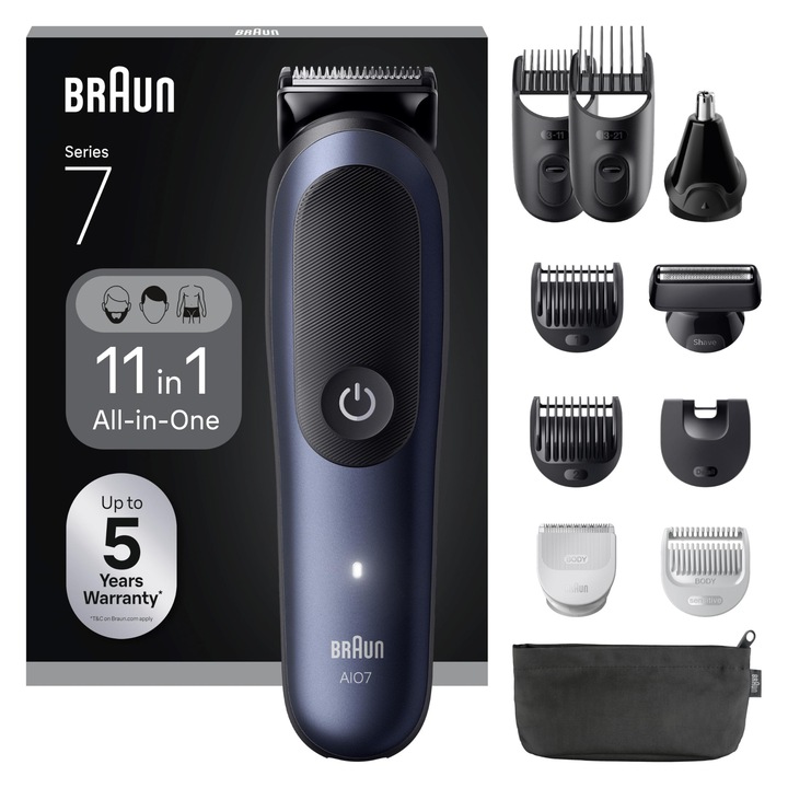 Braun 7 multifunkcionális hajvágó készlet, 11 az 1-ben multifunkcionális hajvágó, szakállvágó, orrszőrnyíró, arc-, fej- és testvágó, 120 perces akkumulátor-üzemidő, 14 hosszúság (3-21 mm), vízálló