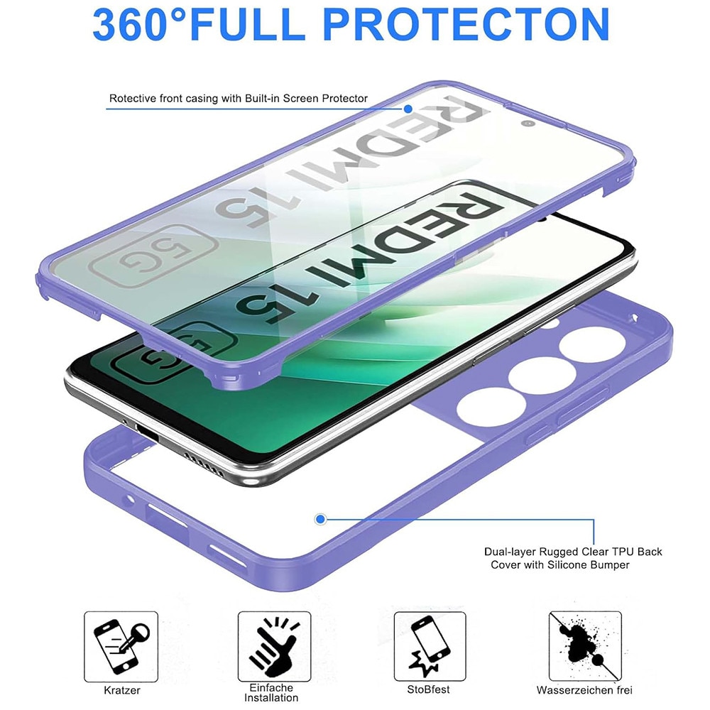 Set 360: Husa cu folie integrata pentru Xiaomi Redmi 15 5G Protectie 360 fata / spate - mov