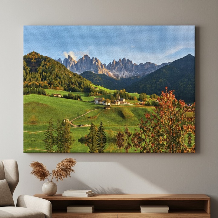 Tablou Canvas Peisaj Montan - Priveliste Alpina la Rasarit, Sat Alpin la Poalele Muntelui, Natura Montana, Canvas pe sasiu de lemn, 70x100cm