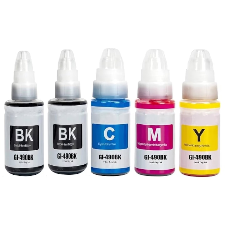 5 db tintapatron készlet, kompatibilis Canon GI-490/590/790, 140 ml fekete, 70 ml színes, 8000 oldal, Canon Pixma, 2xFekete, Cián, Sárga, Magenta