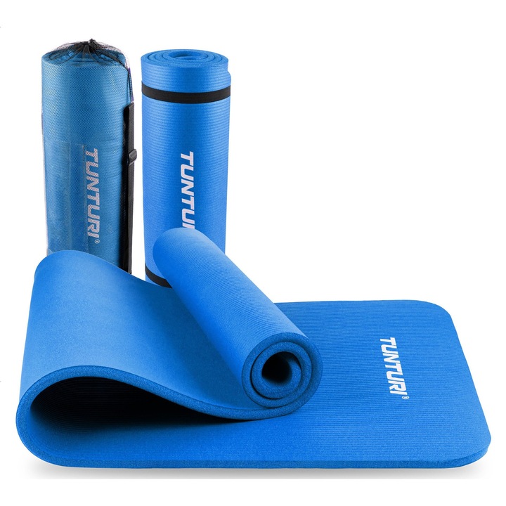 Saltea fitness Tunturi NBR, 180x60x1.5cm, grosime 15mm, cu geantă transport, albastru