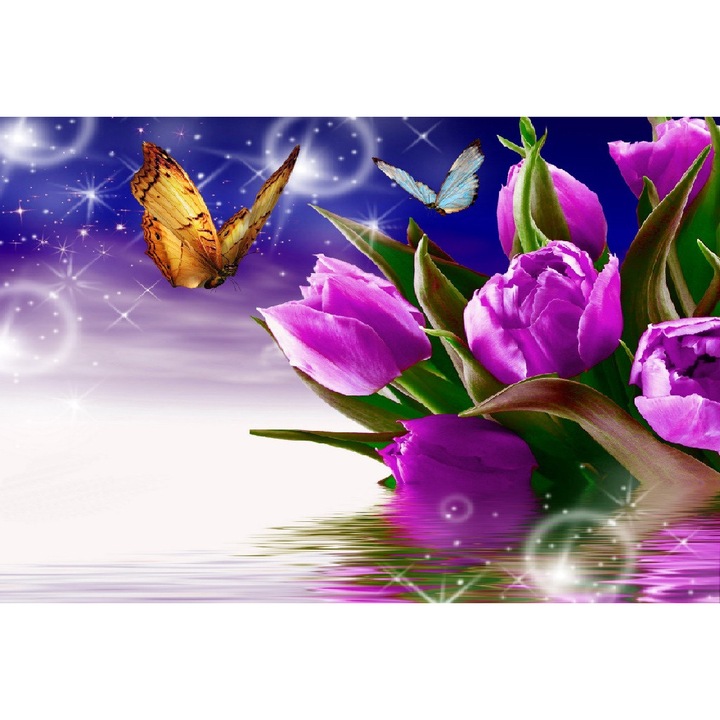 Tablou canvas, MEDIA, Fluturi si lalele mov, 45 x 30 cm