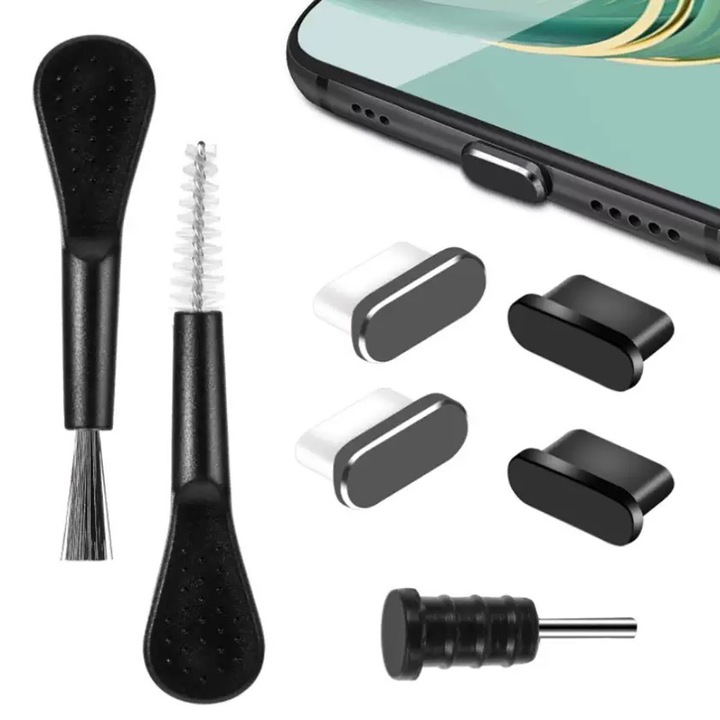 Set 7 protectii telefoane – dopuri anti-praf Type-C si Jack 3.5 mm, negru, cu perii de curatare, FABOKA®