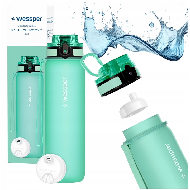 Sticla de apa 500ml Wessper B4 TRITAN Actitex + 1x filtru de apa, BPA Free, motivationala, tritan, 23cm, mint