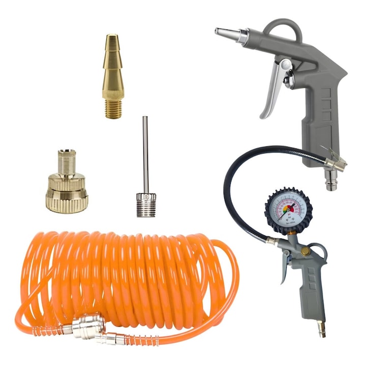 Set accesorii pentru compresor, Zola, pistol umflare cu manometru 12 bar, pistol suflare aer comprimat, furtun spiralat 5 m, 3 duze universale