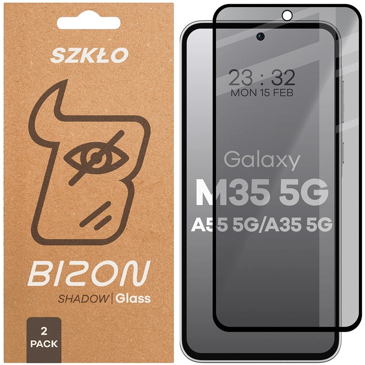 Комплект 2x Стъклен протектор за поверителност, Bizon Glass Edge Shadow Duo за Samsung Galaxy M35 5G / A35 5G / A55 5G, Черно