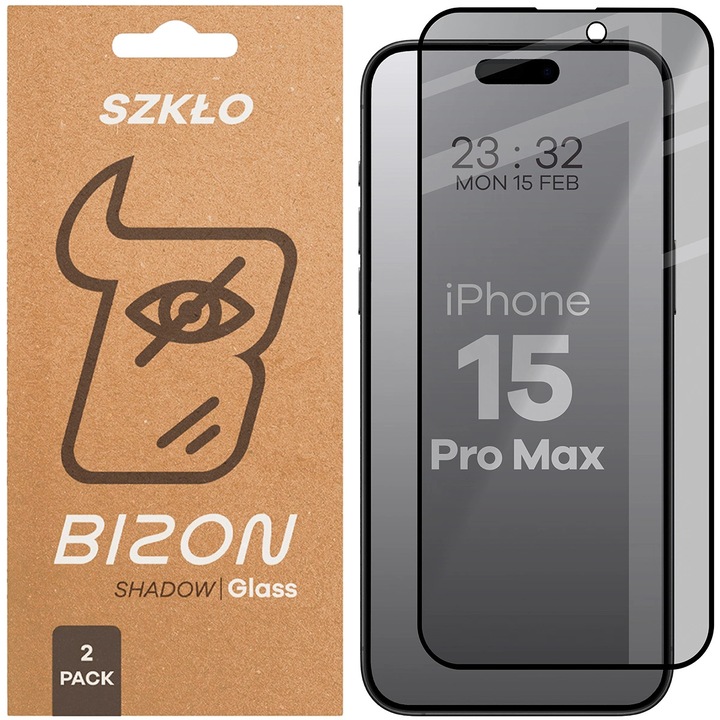 Комплект 2x Стъклен протектор за поверителност, Bizon Glass Edge Shadow Duo за iPhone 15 Pro Max, Черно