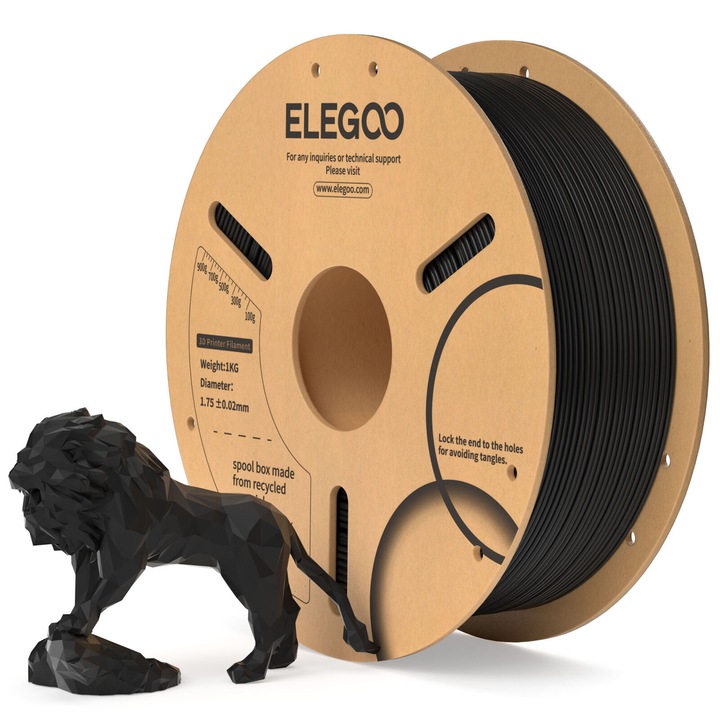 Filament ELEGOO PLA+, 1kg, Negru, rezistență sporită și suprafată netedă pentru imprimanta 3D