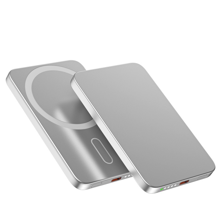 Външна батерия, съвместима с MagSafe, безжично зареждане, 5000 mAh, бързо зареждане 20W кабел и 15W безжично, Power Bank съвместима с iPhone 12-17 Pro и Android, Type-C кабел, алуминий, сив
