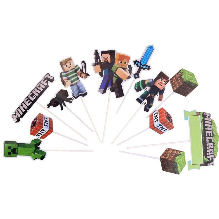 Decoratiune topper tort carton, tematica Minecraft, aniversare - 12 piese