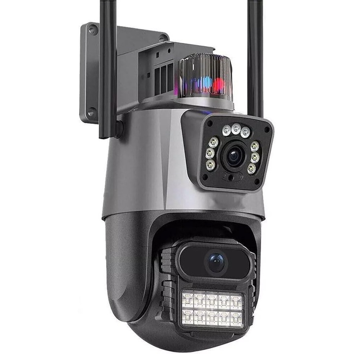 Camera Supraveghere Tripla Wi-Fi A15, 4K UHD, 3 Lentile, Doua Camere, Zoom 8X, Comunicare Bi-Directionala, Exterior/Interior, 12MP, Senzori Miscare, Alarma, Lumini, Sirena, Stocare Card/Cloud, Negru
