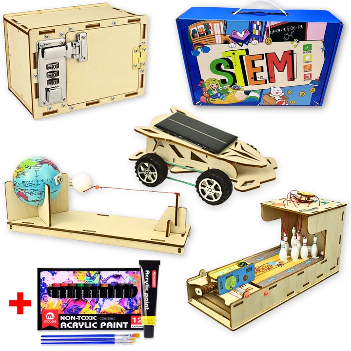 Kit Educativ STEM 4 in 1 Pentru Copii, Jucarie DIY Din Lemn Ecologic Cu Masinuta Solara, Mini Bowling, Seif Mecanic Si Model Gravitatie + Culori Acrilice Cadou