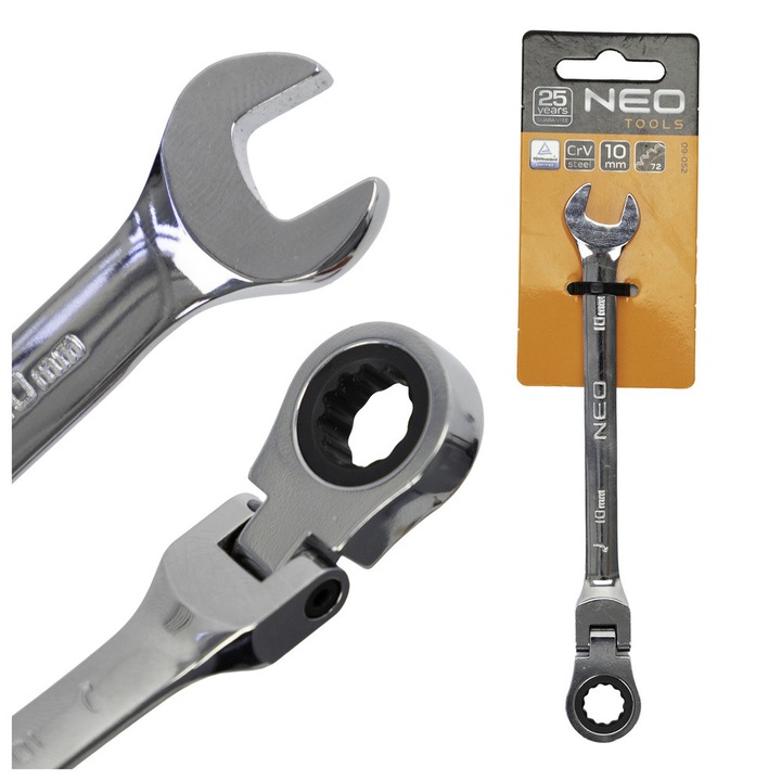 Cheie combinata Neo Tools, cu clichet si articulatie, 10 mm