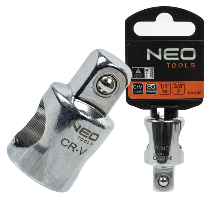 Adaptor NEO Tools patrat 1/2" Tata la 3/8" Mama, otel CR-V, argintie