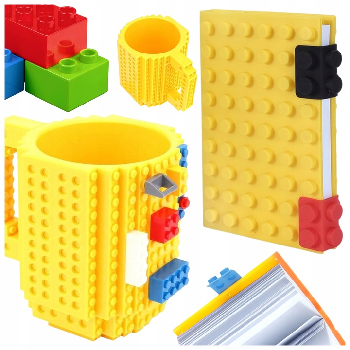 Set Cadou Creativ VOLAN: Cana Interactiva Galbena 350ml cu Blocuri de Constructie Tip, Fara BPA + Caiet Jurnal A6 cu Pagina cu Blocuri, pentru Copii, Adulti, Birou, Cadou Original, Joc Educational, Dezvolta Imaginatia si Gandirea