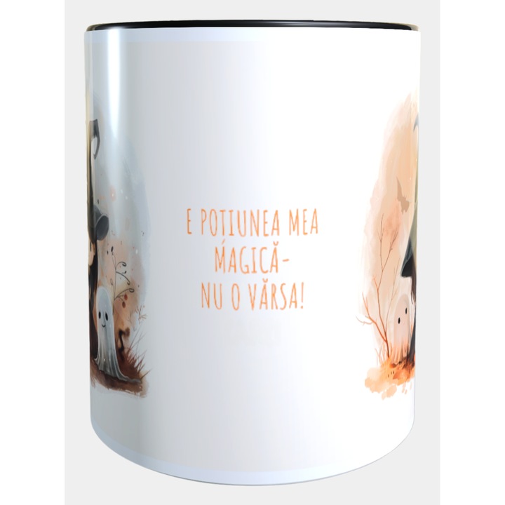 Cana ceramica personalizata „E potiunea mea magica – nu o varsa!” – 330 ml, interior si toarta neagra