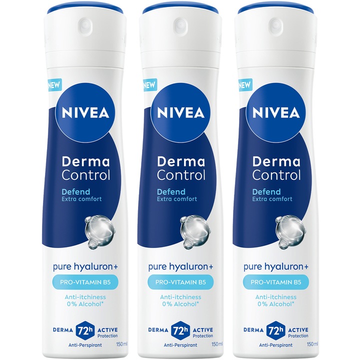 Pachet: Deodorant spray NIVEA Derma Control Defend, protectie antiperspiranta 72 de ore 3 x 150ml