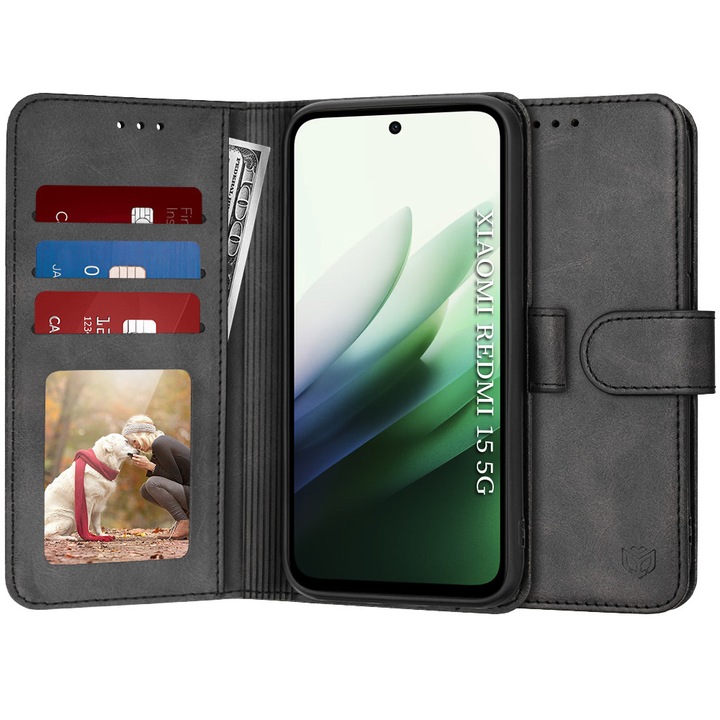 Husa pentru Xiaomi Redmi 15 5G / Redmi 15 4G, SKYDDAR INNOVATION, Diary Book, tip carte cu Portofel Interior, Antisoc, set cu sticker, Negru