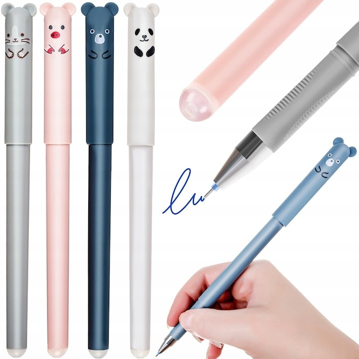 Set 4 pixuri cu cerneala albastra, functie de stergere, model cu animalute, grosime scriere 0.35 mm, multicolor, 14.5x1.5 cm, 4 rezerve incluse, Dactylion®