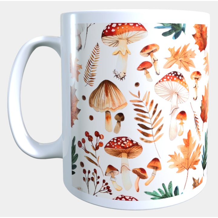 Cana ceramica personalizata „Toamna cu frunze si ciuperci rosii” – 330 ml, alba