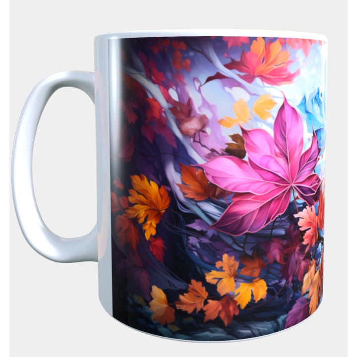 Cana ceramica personalizata cu frunze pastel si accente de toamna – 330 ml, alba