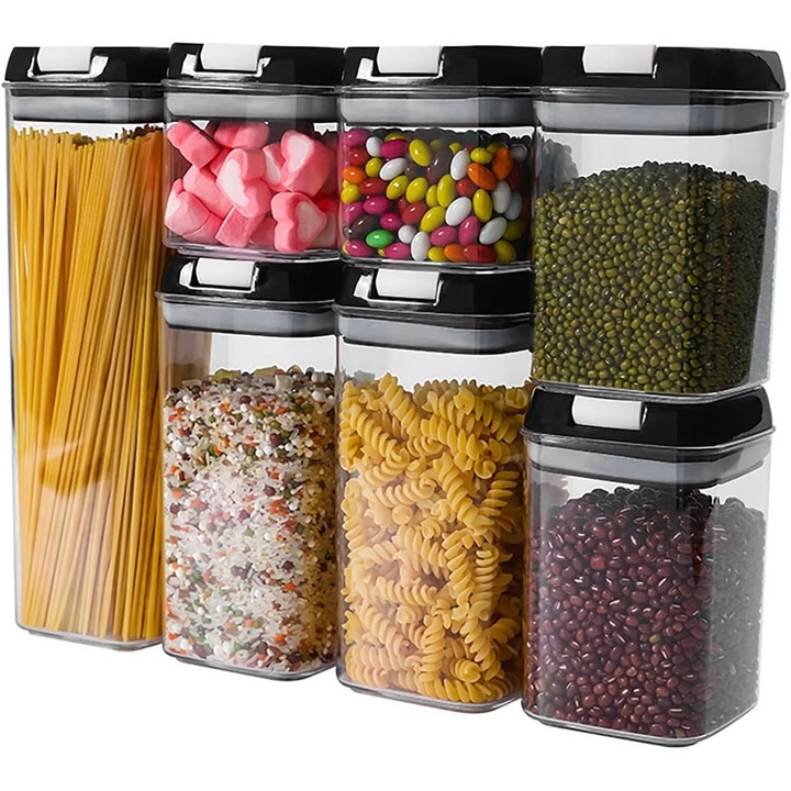 Recipiente etanse XYZ® in set recipiente 7 buc, 0.5L–1.9L, plastic fara BPA pentru alimente, recipiente etanse transparente, set recipiente multifunctional pentru frigider si camara, plastic fara BPA usor de curatat, capace, stivuire, organizare