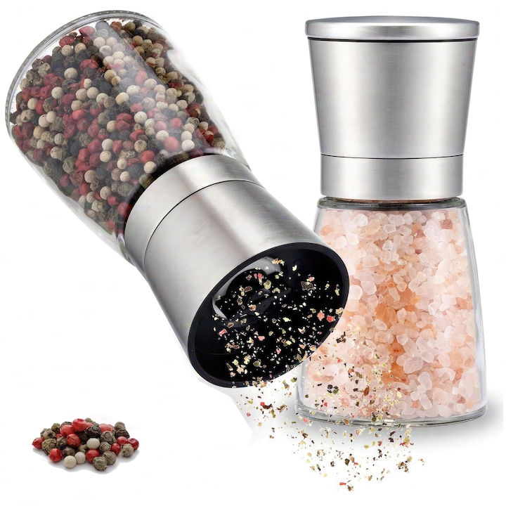 Set 2 rasnite sare si piper, inox/sticla, reglabil, argintiu/transparent