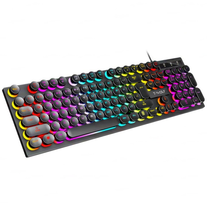Tastatura gaming mecanica cu taste rotunde, iluminare LED, design ergonomic, negru, 104 taste