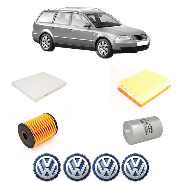 Pachet revizie filtre Volkswagen PASSAT B5.5 Variant (3B6) 4.0 W8 4motion din 2001-2004, Contine filtru aer, ulei, combustibil, polen habitaclu BOSCH, 4x Stickere cu Volkswagen