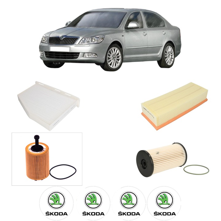 Pachet revizie filtre SKODA OCTAVIA II (1Z3) 2.0 TDI 16V din 2004-2013, Contine filtru aer, ulei, combustibil, polen habitaclu BOSCH, 4x Stickere cu SKODA