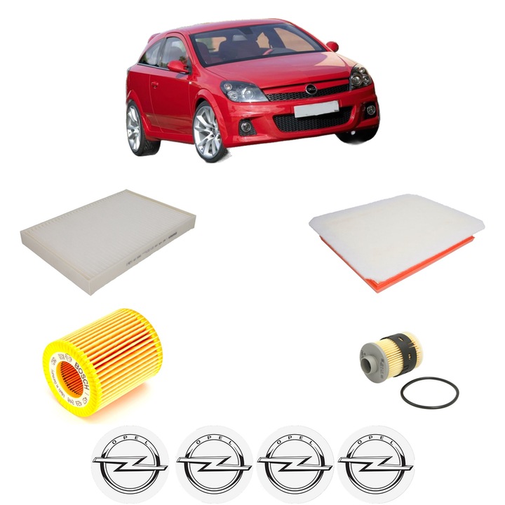 Pachet revizie filtre OPEL ASTRA H GTC (A04) 1.9 CDTi 16V (L08) din 2005-2010, Contine filtru aer, ulei, combustibil, polen habitaclu BOSCH, 4x Stickere cu OPEL