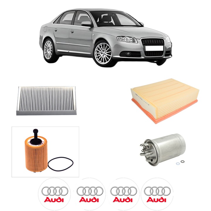 Pachet revizie filtre AUDI A4 B7 (8EC) 2.0 TDI din 2006-2008, Contine filtru aer, ulei, combustibil, polen habitaclu BOSCH, 4x Stickere cu AUDI