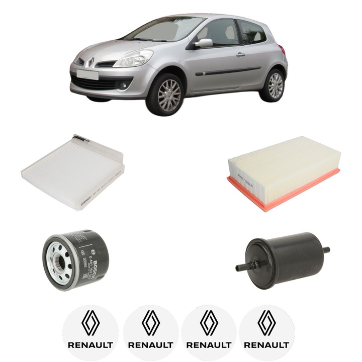 Pachet revizie filtre RENAULT CLIO III Hatchback Van (SB_, SR_) 1.2 (SR0P) din 2007-2011, Contine filtru aer, ulei, combustibil, polen habitaclu BOSCH, 4x Stickere cu RENAULT